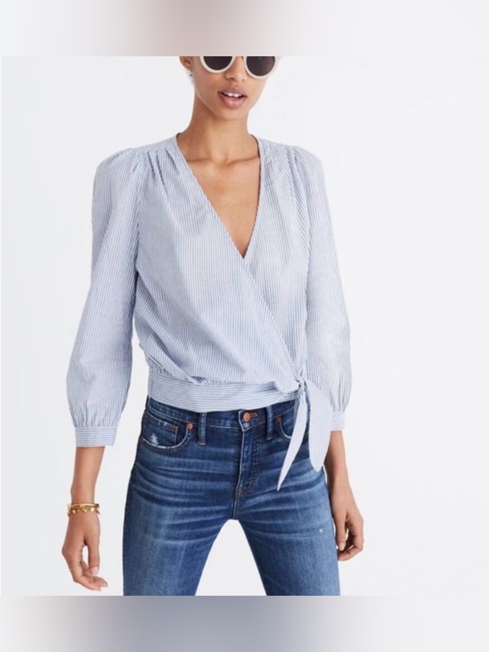 Madewell Blue & White Striped Wrap Blouse with Tie